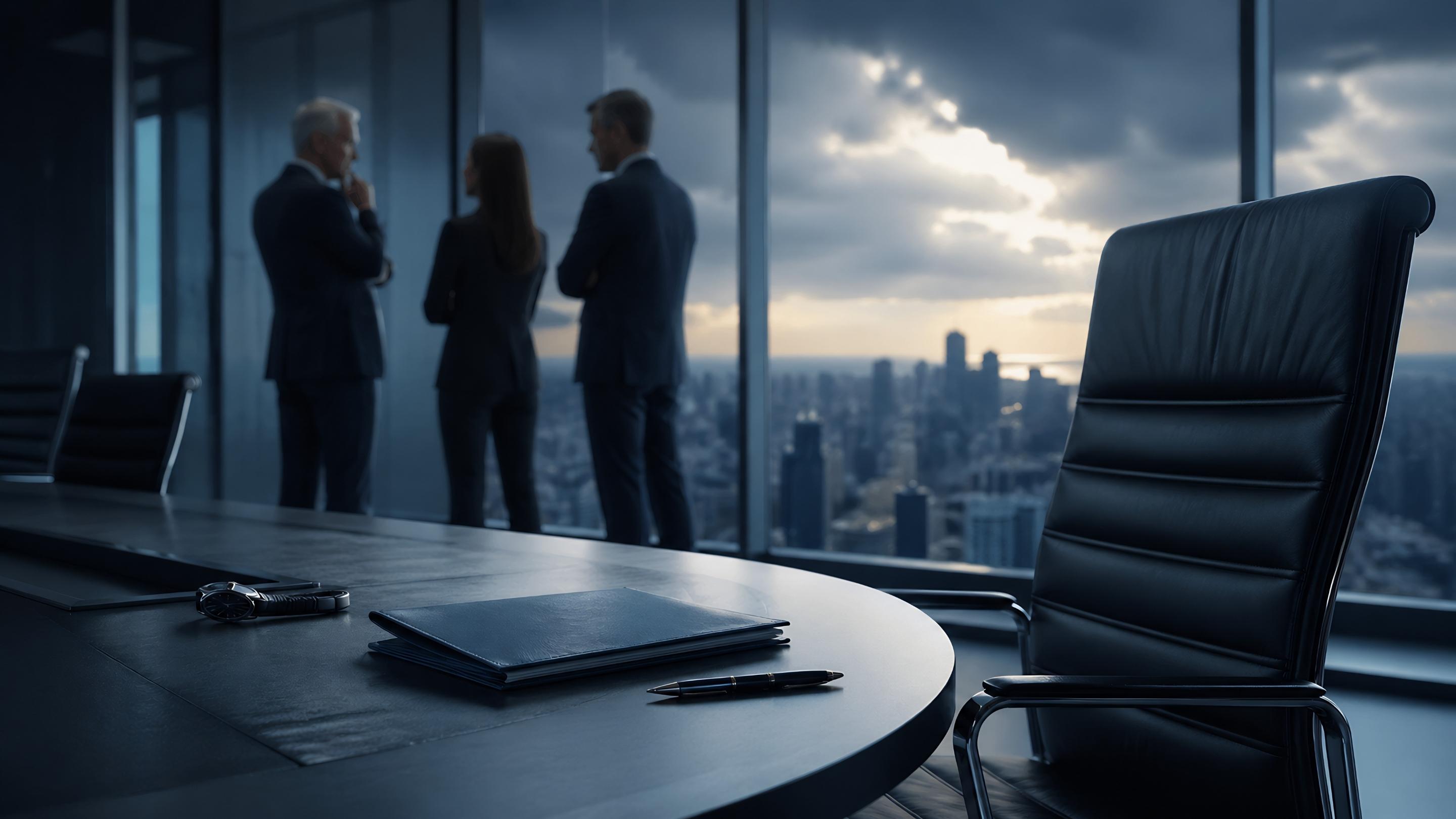Right time to hire an executive leader shown by empty executive chair in boardroom during leadership transition.