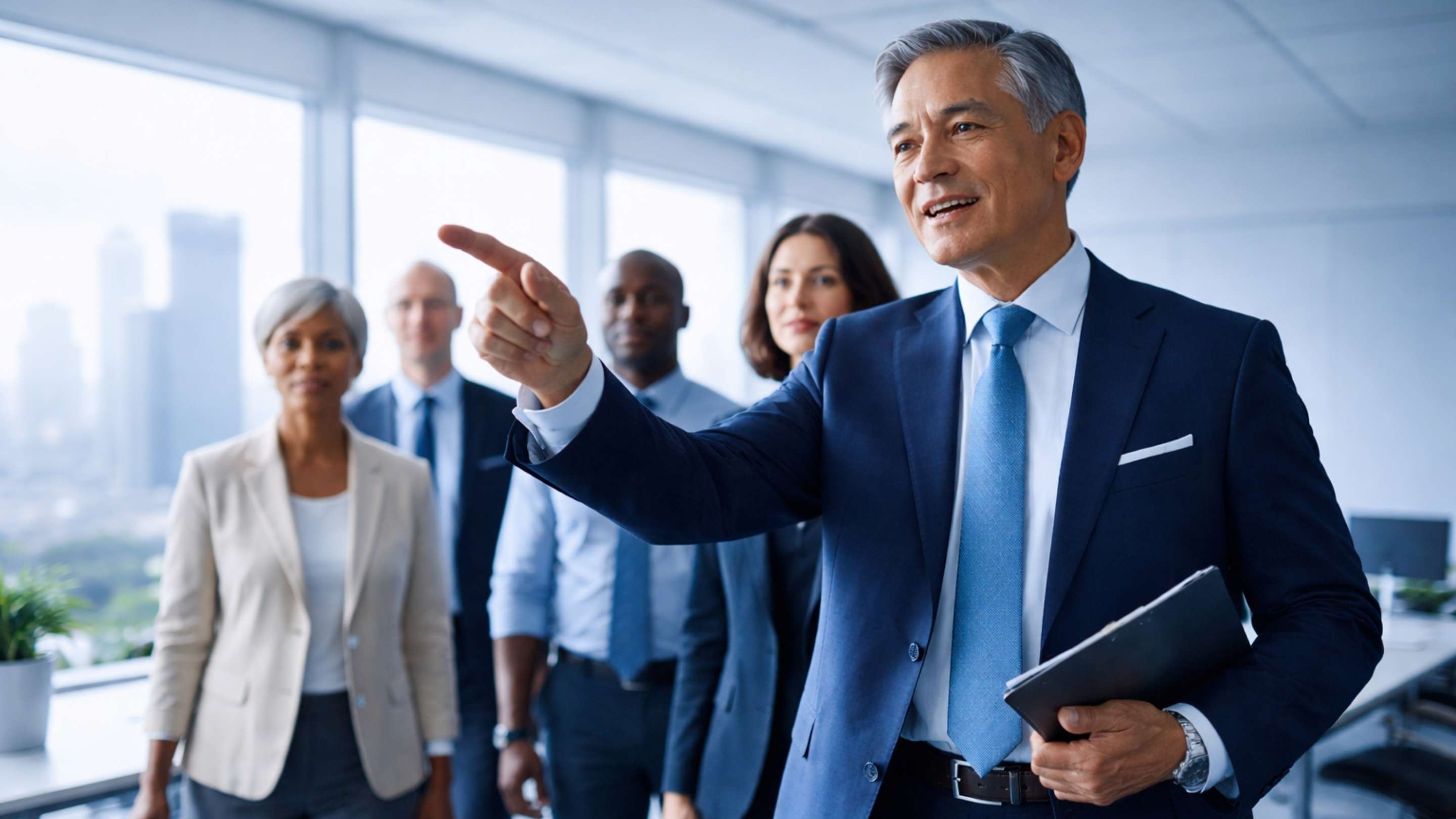 Business leader guiding team after strategic hiring decision creating direction confidence and execution momentum