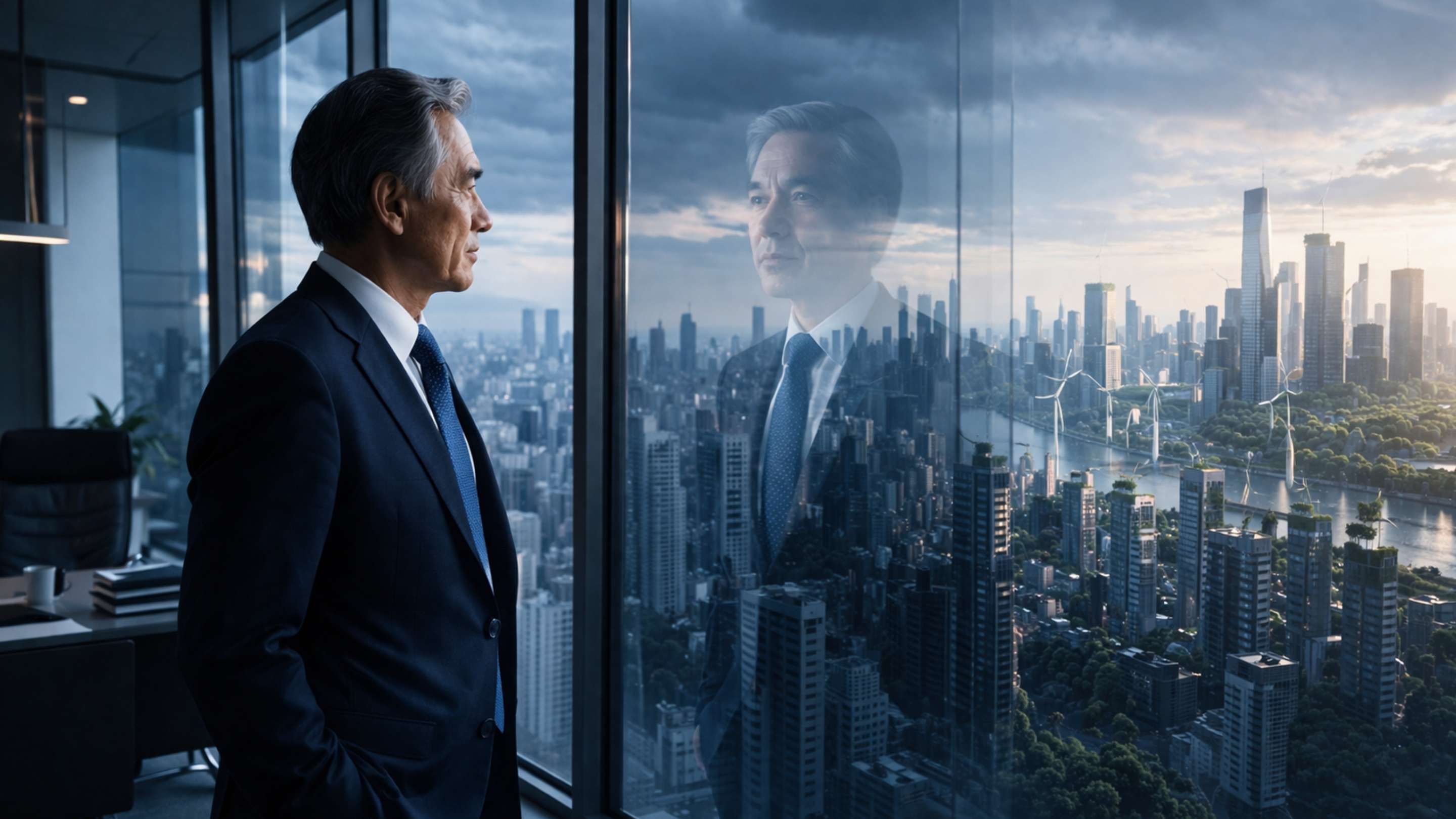 Senior executive looking over city skyline reflecting on strategic leadership decisions and timing in uncertain business environment