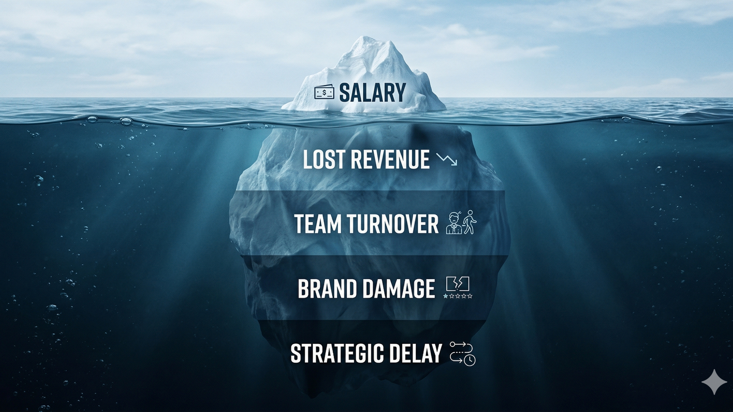 Hidden costs of executive hiring including lost revenue, team turnover, brand damage, and strategic delay illustrated by an iceberg concept