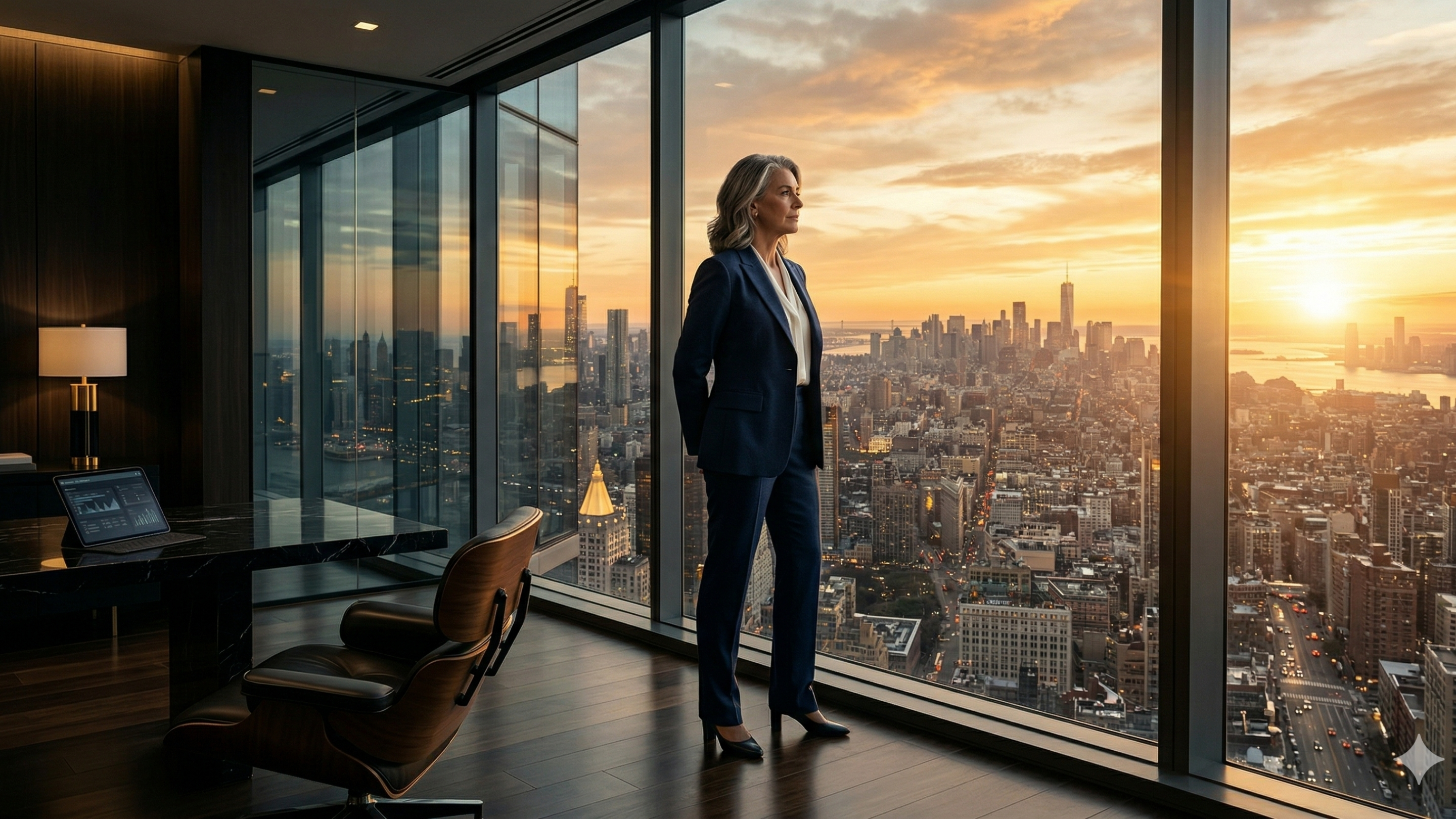 Senior executive leader overlooking city skyline from office, representing strategic vision and executive decision-making in a complex business environment