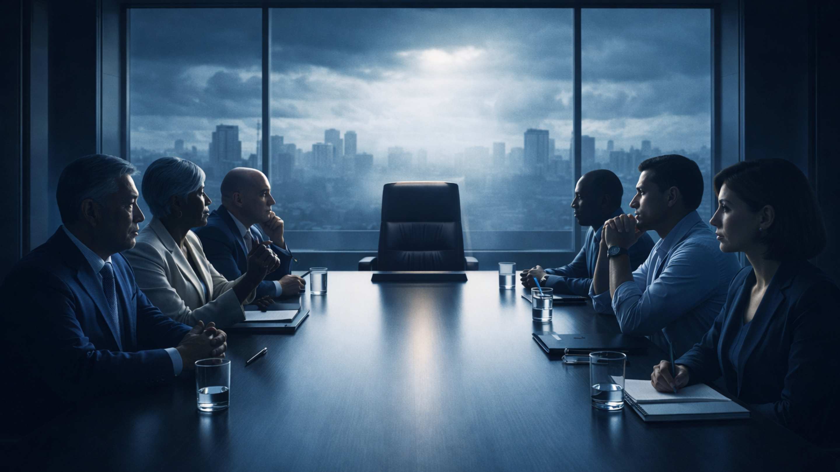 Executive leadership team in boardroom meeting discussing strategic decisions during uncertain business environment