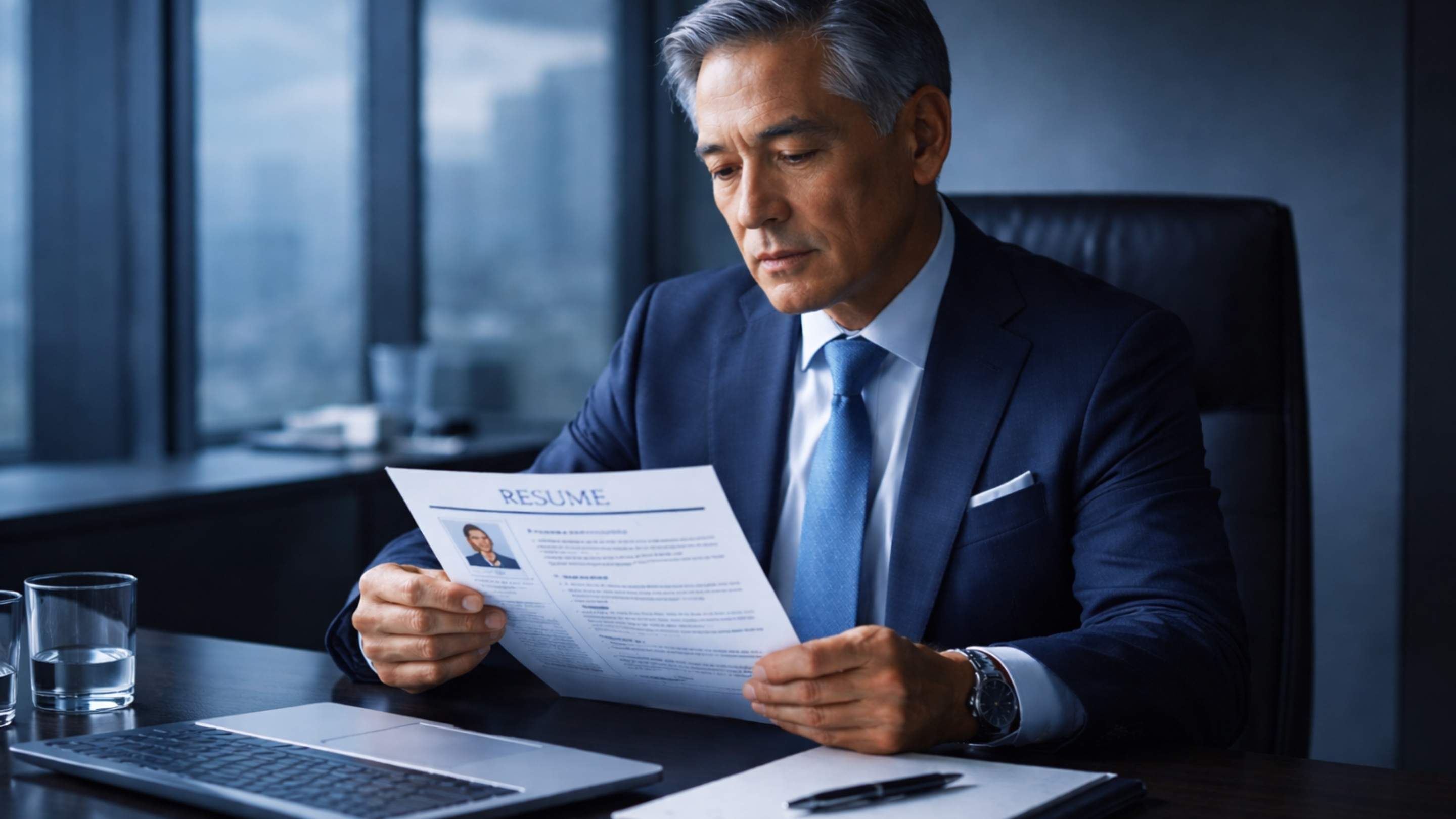 Senior business leader reviewing candidate resume for leadership selection and strategic decision-making