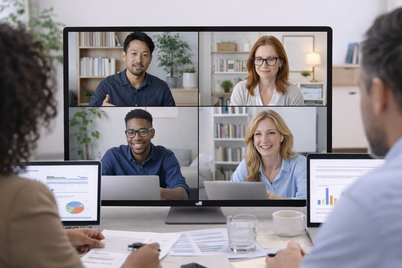 Executive team conducting virtual hiring meeting via video conference, reviewing candidates and business performance in a remote work environment
