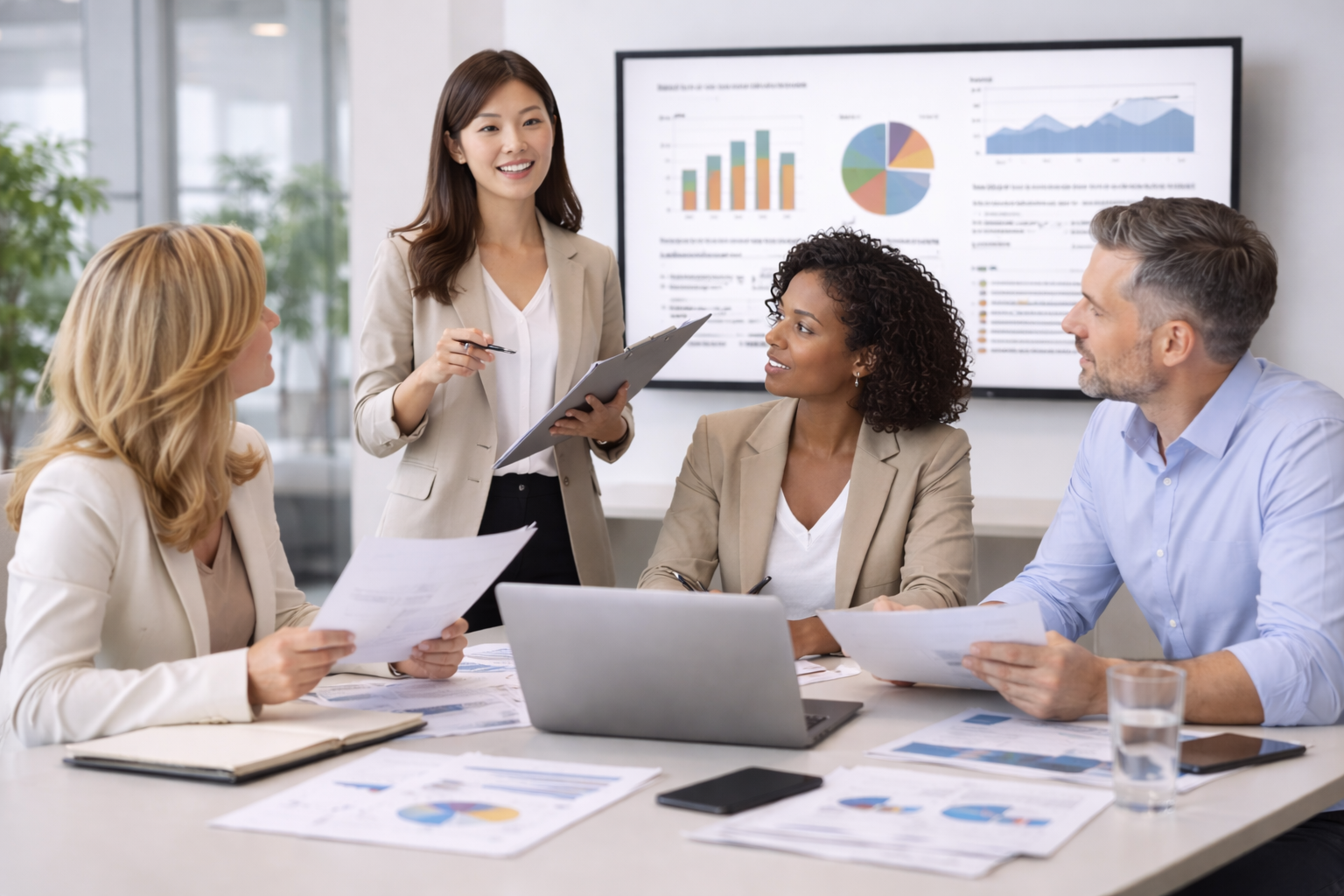 Executive team discussing hiring strategy and reviewing performance data during a leadership meeting