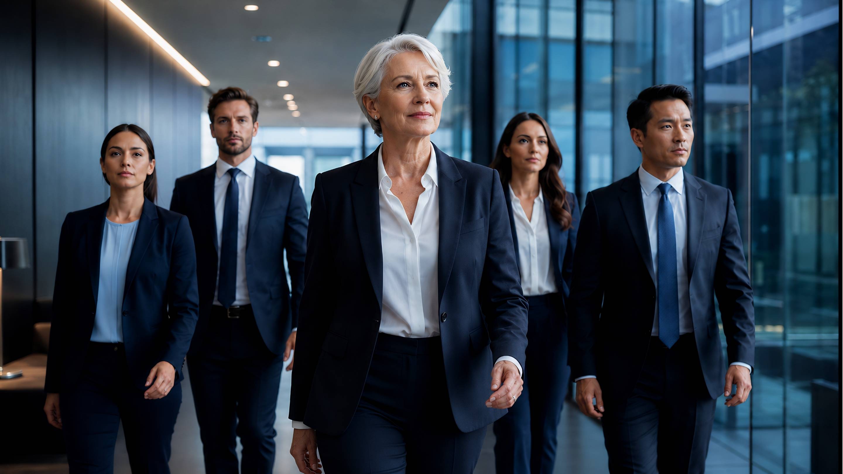 Executive leadership team walking confidently through a modern corporate office representing strategic leadership and organizational alignment in 2026