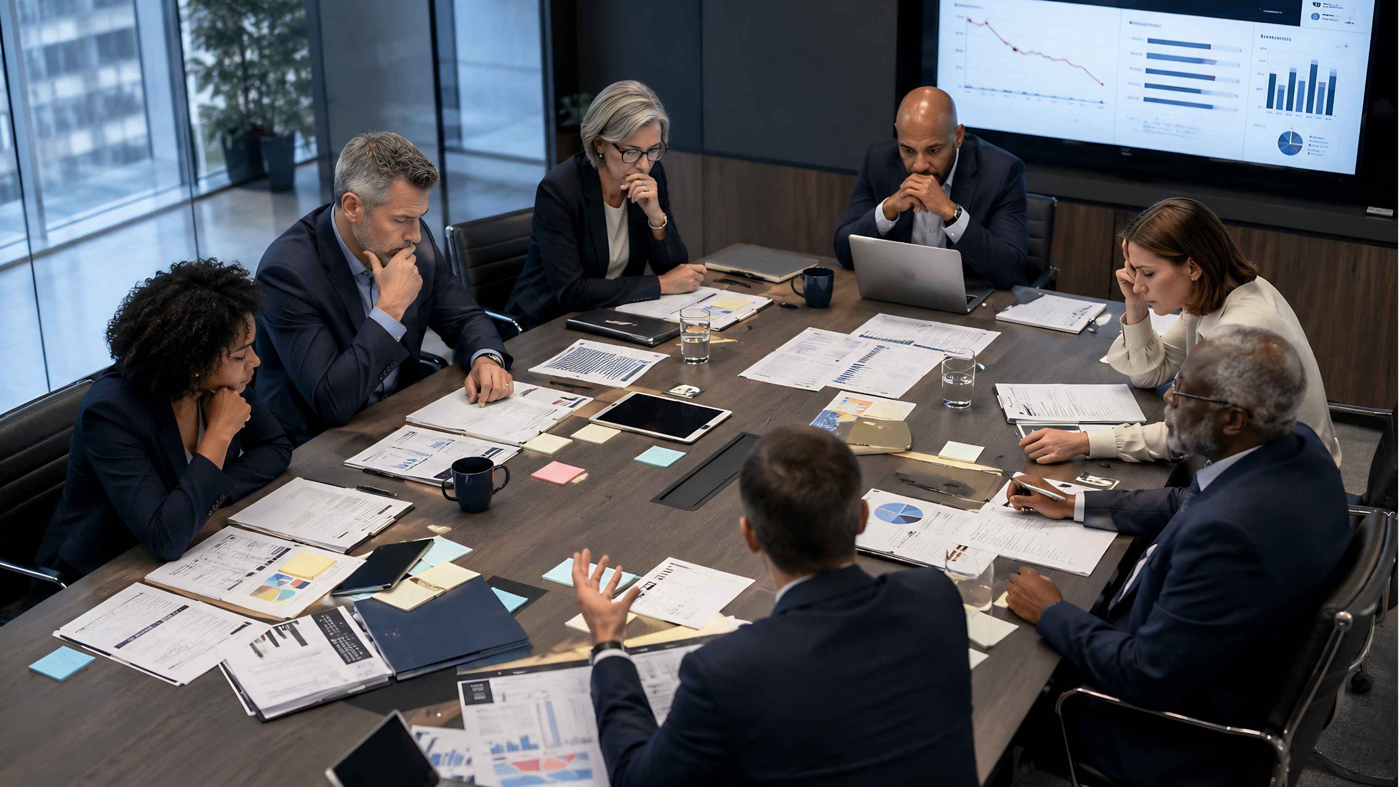 Nonprofit board leaders evaluating executive hiring risks and organizational strategy during a leadership meeting in 2026