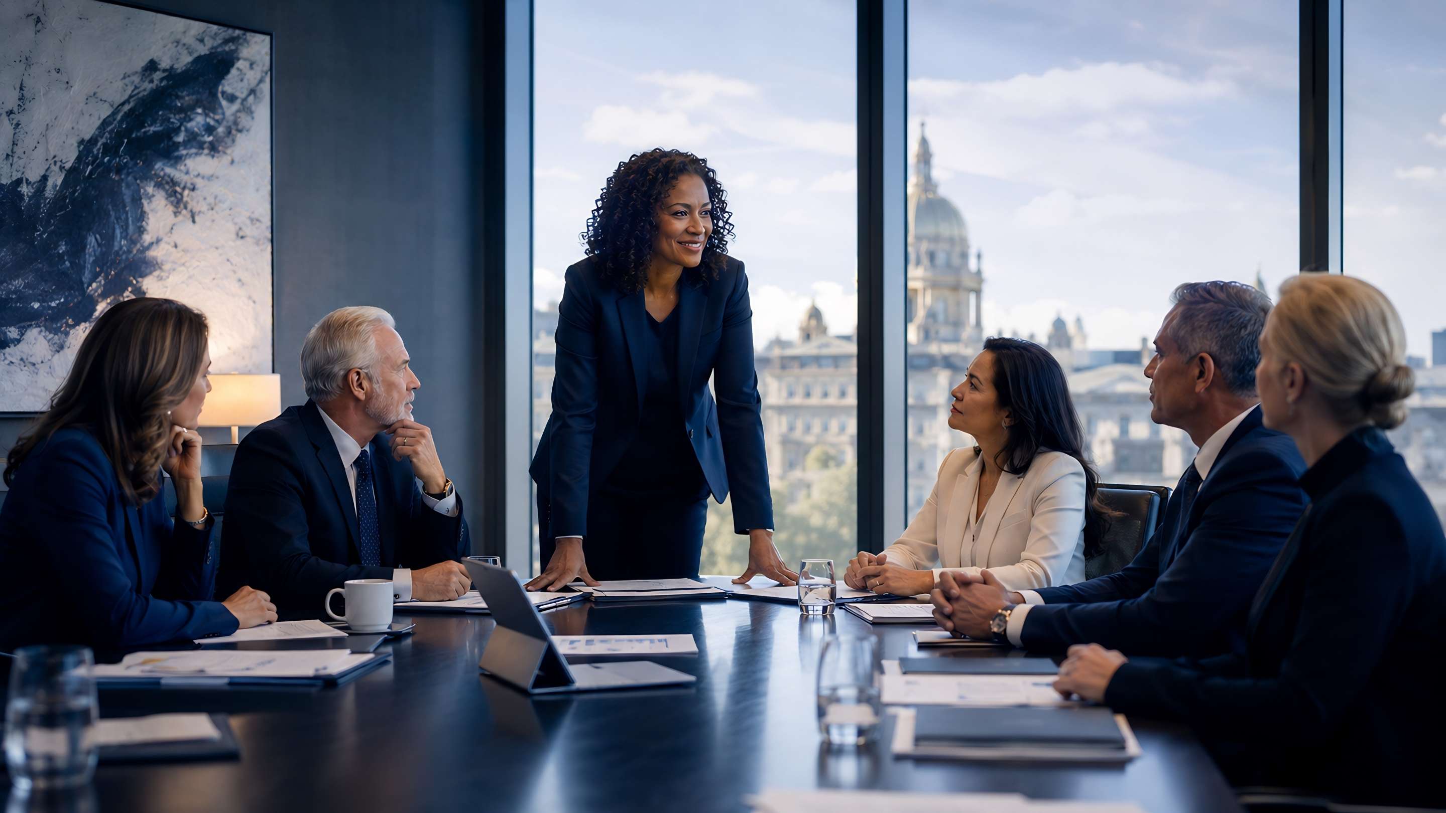 Nonprofit executive leader presenting strategic direction to board members during a leadership meeting in 2026