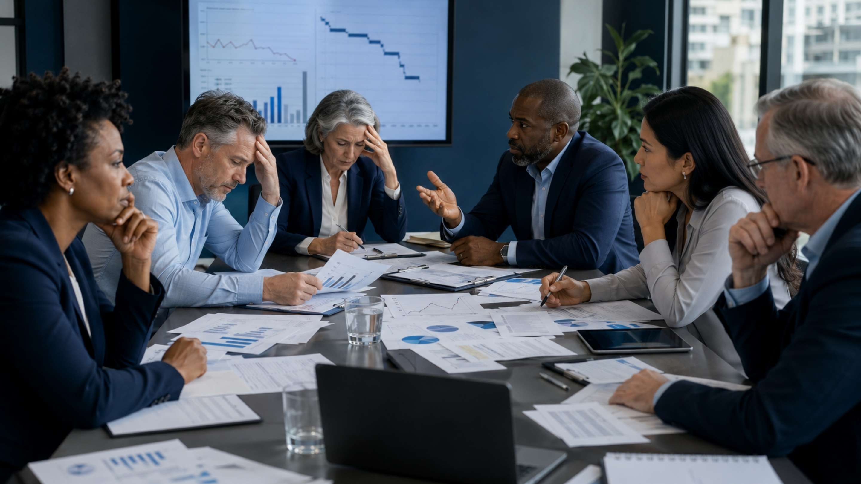 Nonprofit board members discussing executive hiring challenges and organizational leadership strategy during a critical meeting in 2026