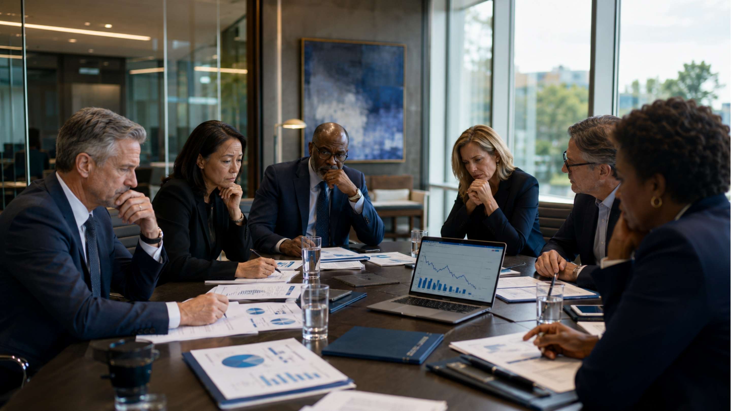 Nonprofit board leaders reviewing organizational performance and executive hiring strategy during a high-stakes leadership meeting in 2026