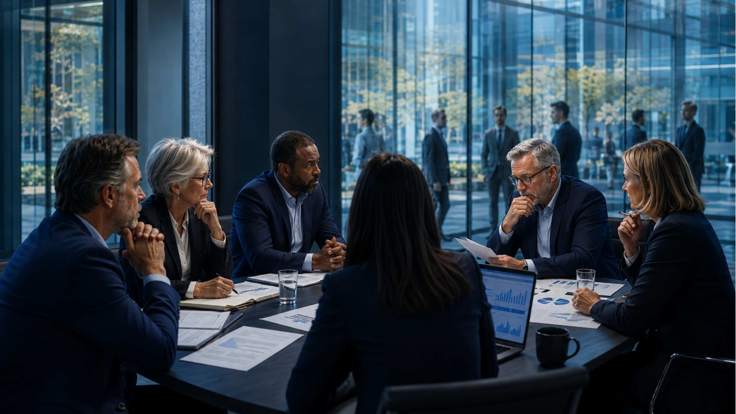 Nonprofit board executives reviewing leadership strategy and executive hiring decisions during a high-stakes governance meeting in 2026