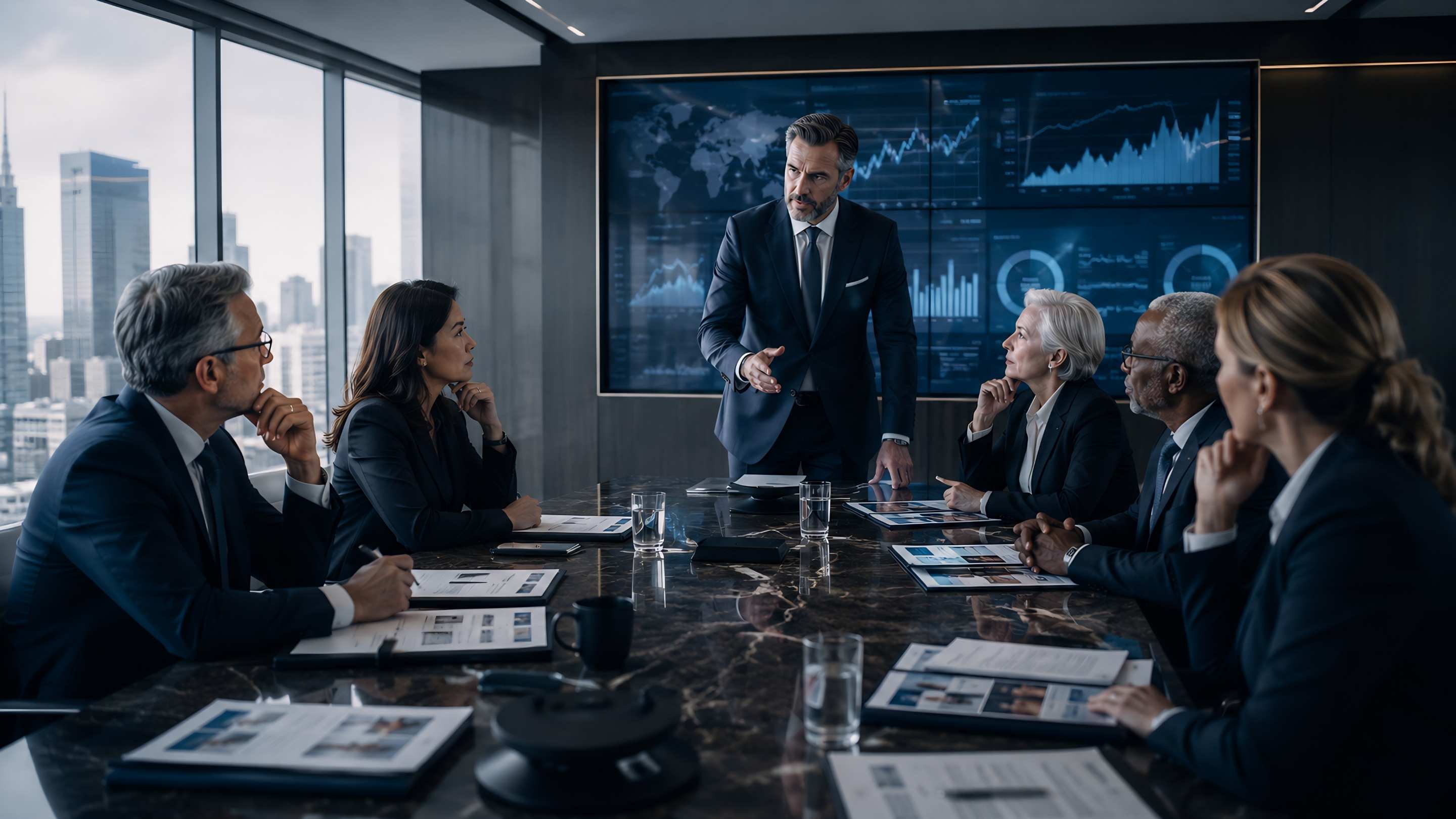 Executive leadership team in strategic boardroom meeting discussing business performance, leadership decisions, and organizational direction in 2026