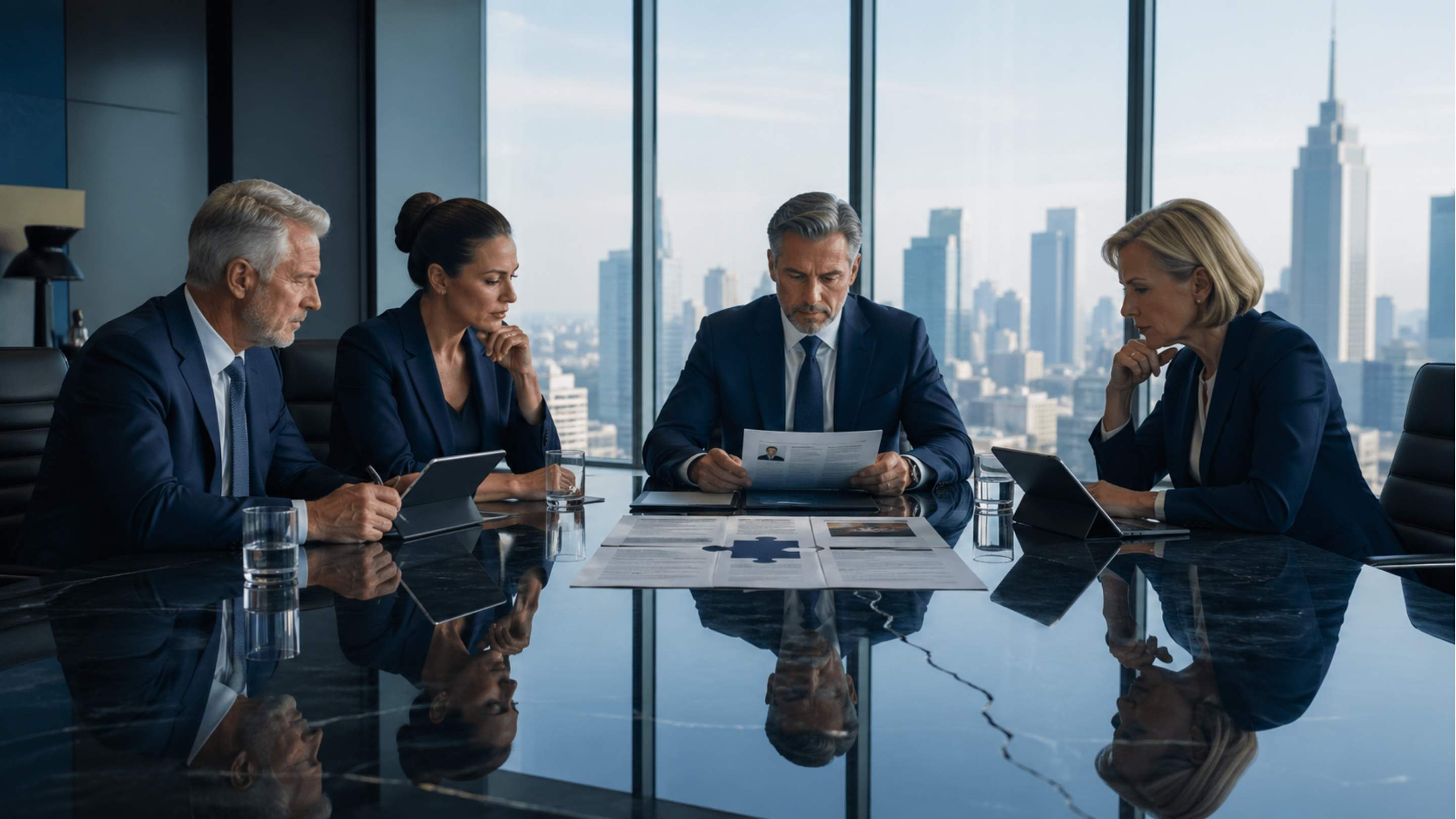 Executive hiring decision meeting reviewing candidate profile to determine the right time to hire an executive leader