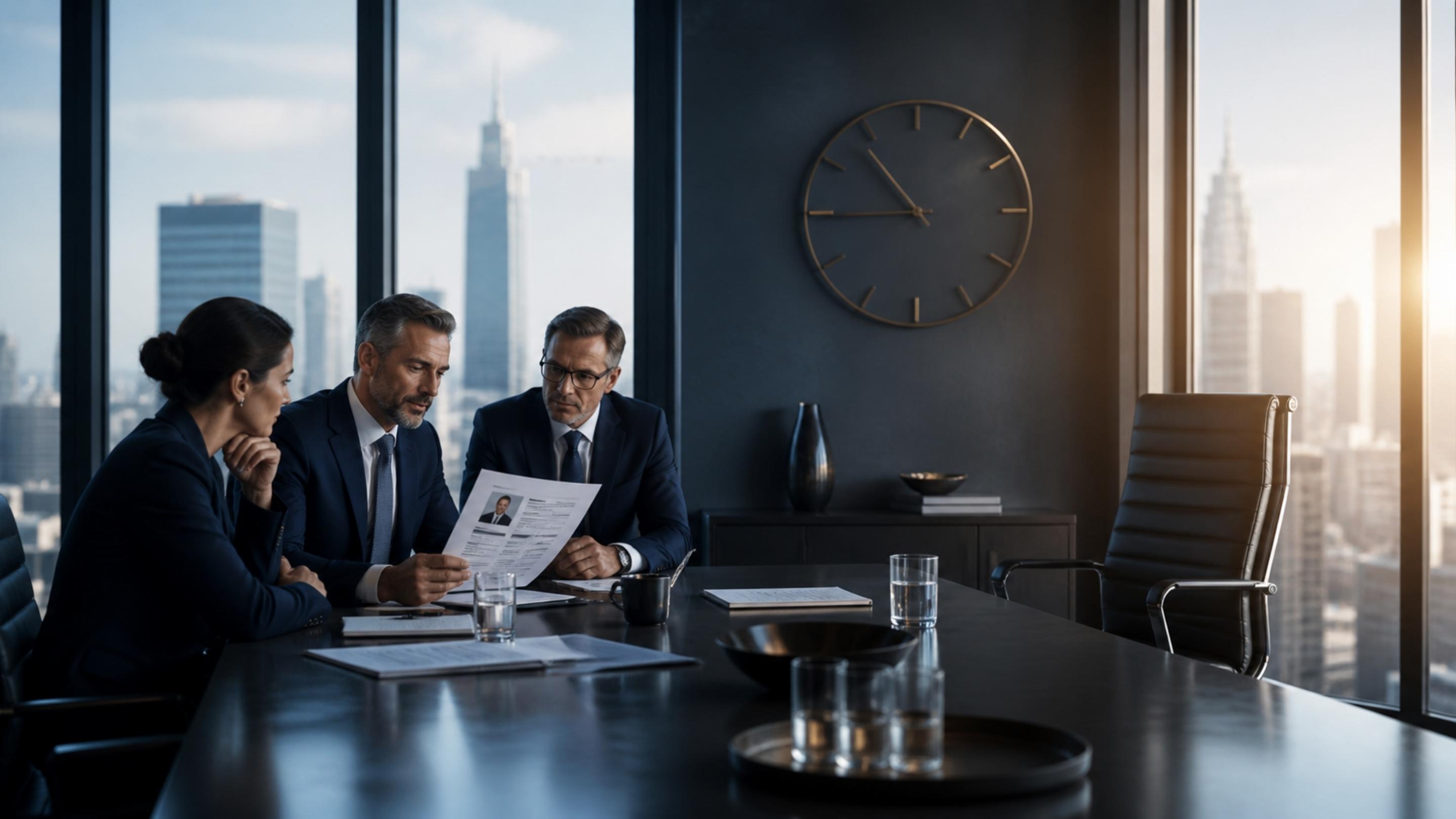 Executive hiring decision meeting reviewing candidate profile showing the right time to hire an executive leader