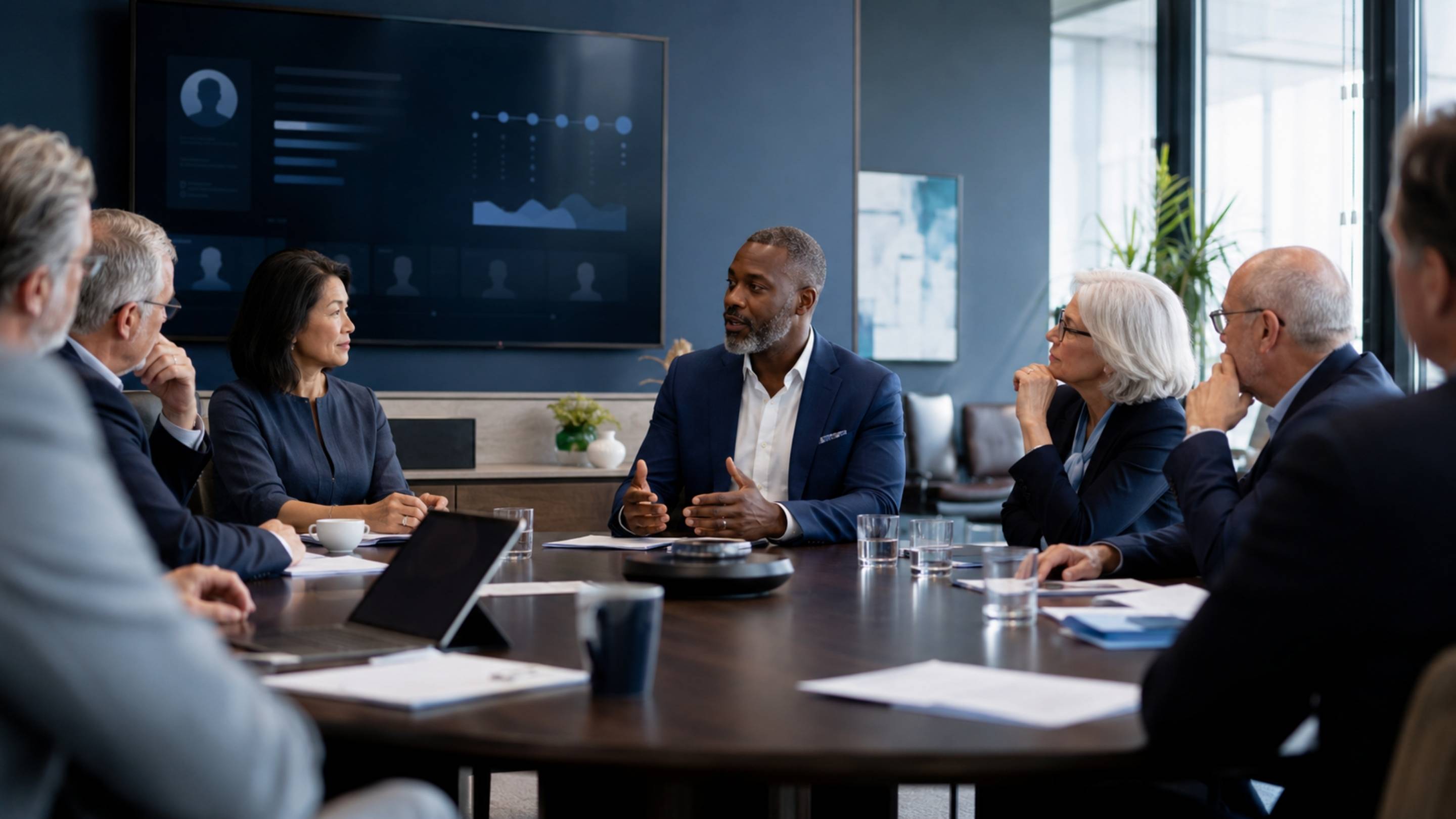 Nonprofit board members assessing executive leadership judgment during a strategic hiring discussion in a modern boardroom