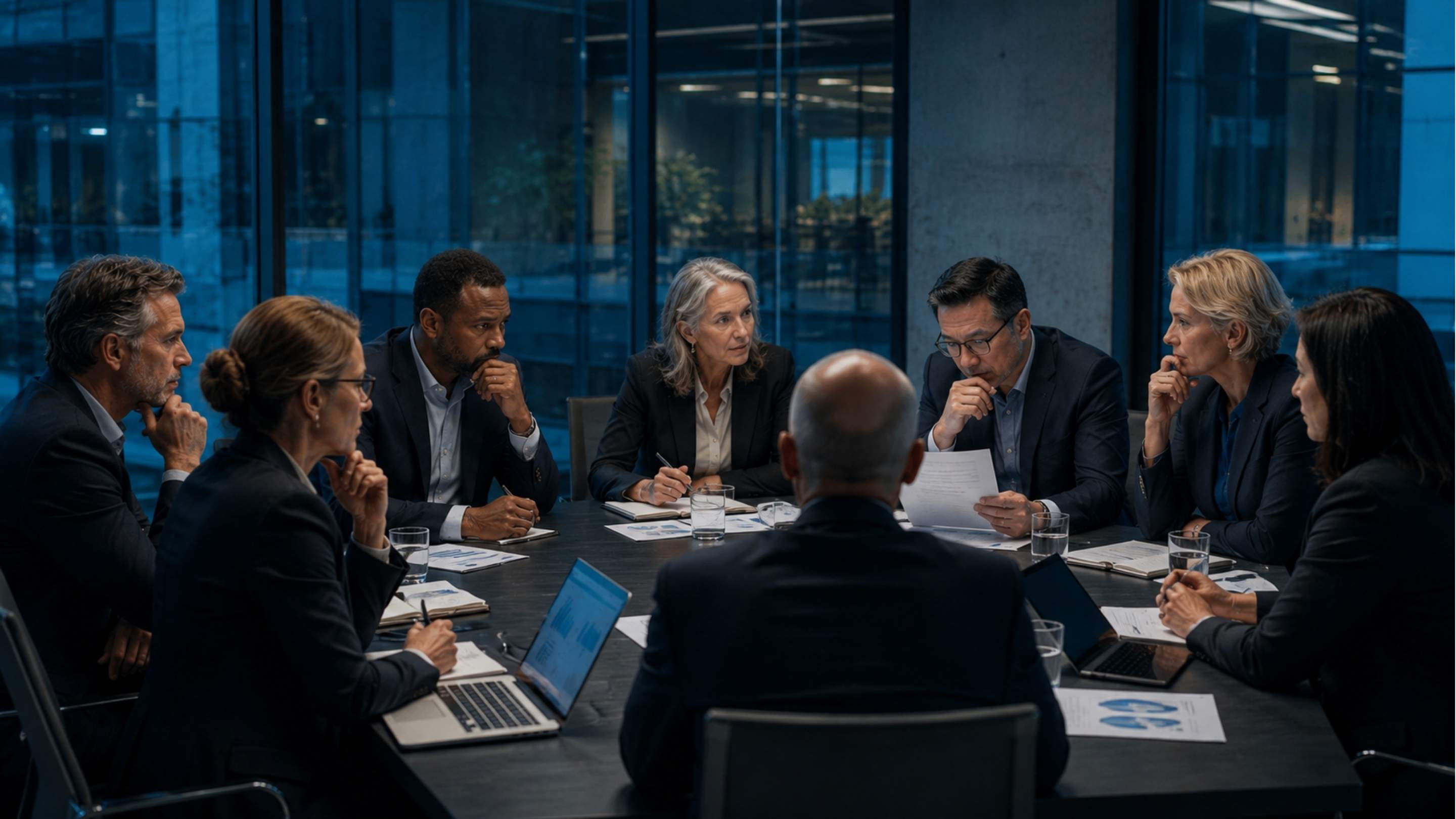 Board and CEO alignment in NGOs during a strategic governance meeting with leaders reviewing decisions and organizational priorities